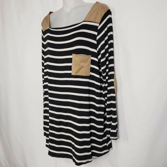 First Look Womens Tunic Top Large Black White Striped Knit Elbow Patches Pocket - Picture 5 of 9